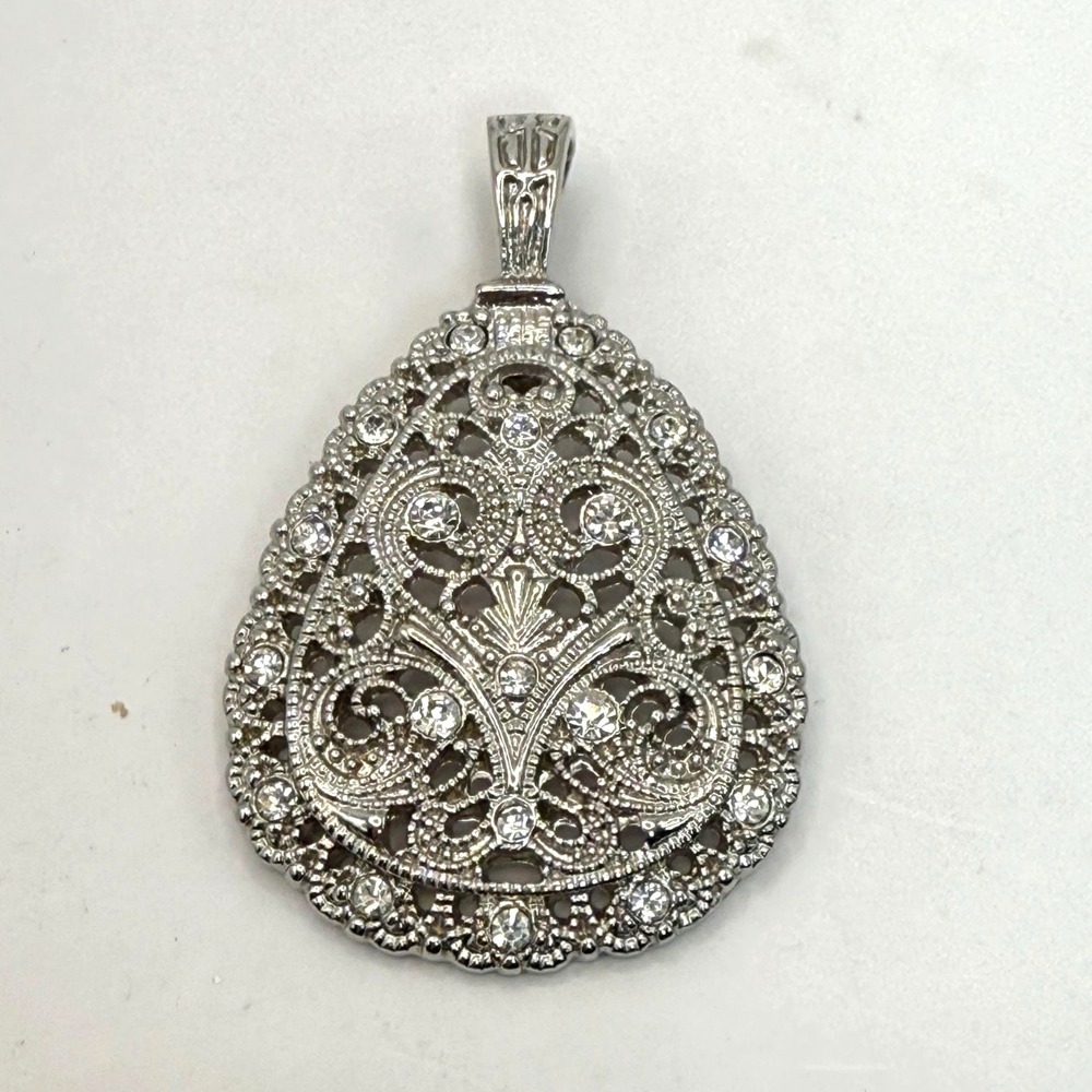 Vintage Silver Tone Filigree Pendant Rhinestone Teardrop Openwork Statement